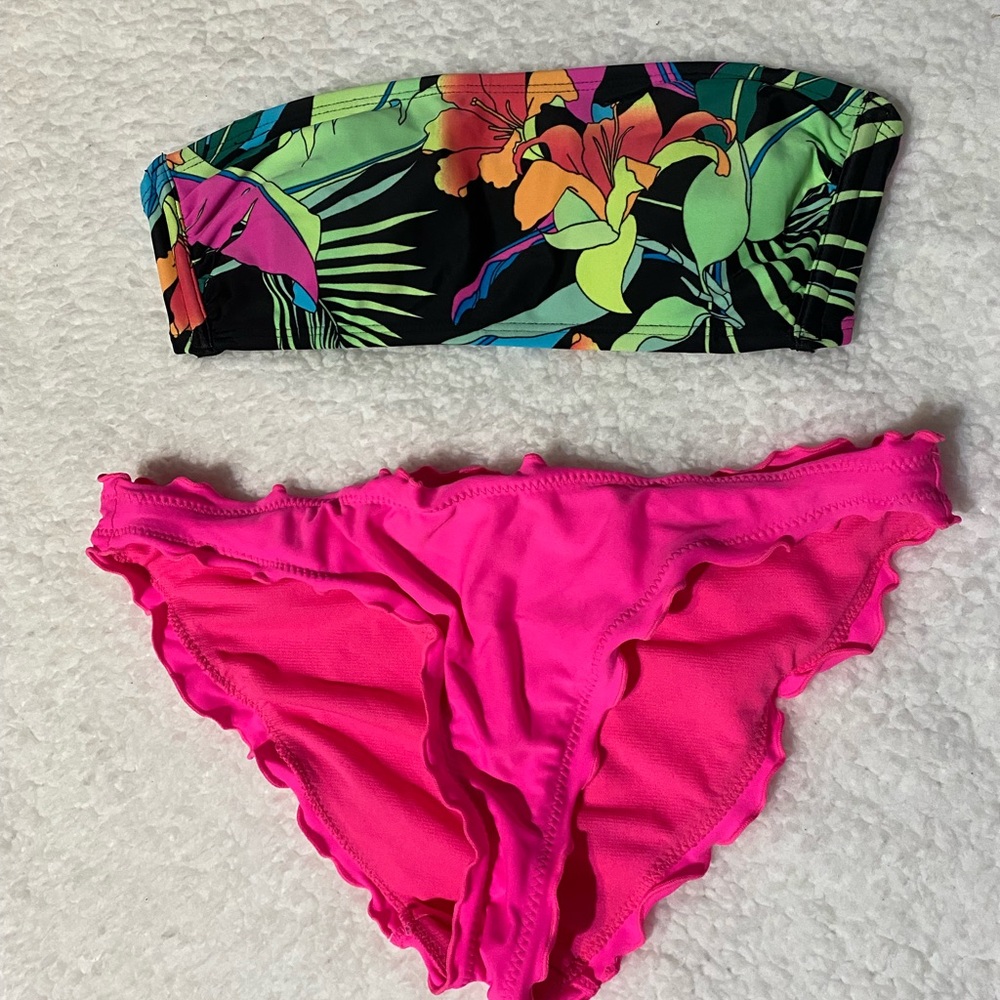 Neon bikini set/ Tube top hot pink floral